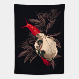 Enigmatic Escargots: Spooky Art Print Featuring Red Snail Donning Cat Skull Shell Tapestry