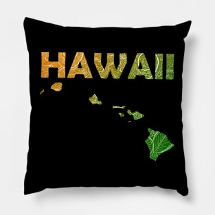 Colorful mandala art map of Hawaii with text in green and orange Pillow