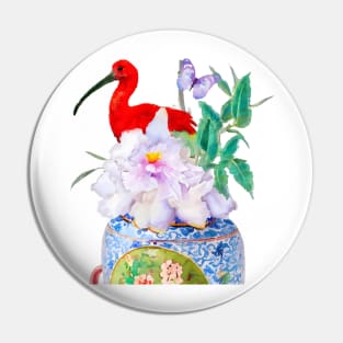 Red ibis and chinoiserie jar Pin