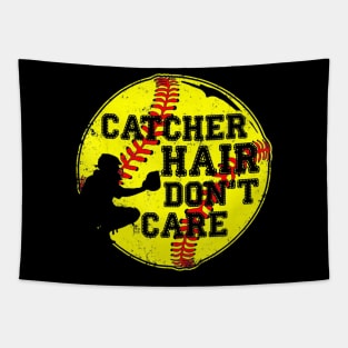 Catcher Hair Dont Care T-Shirt Funny Softball Gift Tapestry