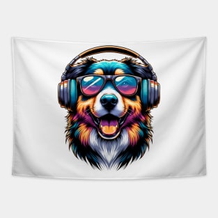 Mountain Cur as Smiling DJ with Headphones and Sunglasses Tapestry