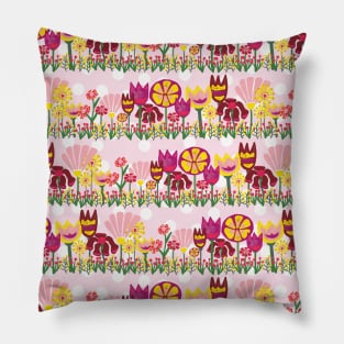 Flower meadow. Yellow, purple, and pink flowers on pink and white polka dot background. Pillow