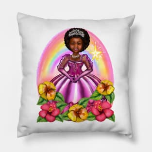 Black Afro Princess in purple with flowers and rainbow i ! beautiful  black girl with Afro hair, brown eyes and dark brown skin. Hair love ! Pillow