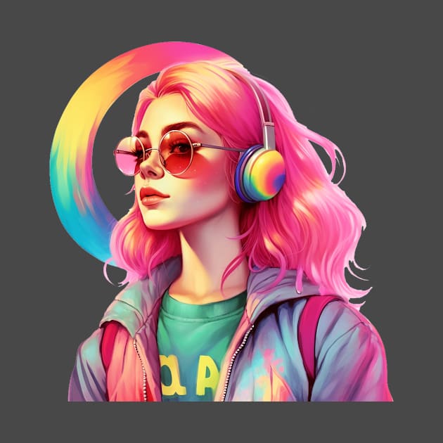 beautiful young girl in headphones with a rainbow by KaterynaKet