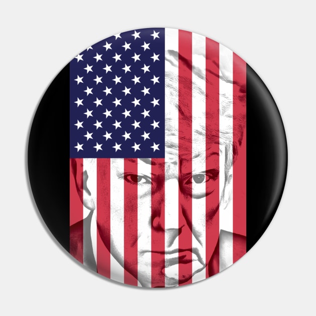 Donald Trump Mug Shot Behind US Flag Prison - Artistic Funny Pin by WeirdFlex