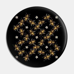 Bees And Flowers On Black Pattern Pin