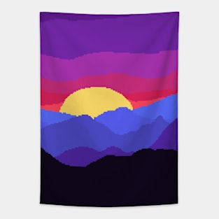 Pixel mountains neon sunset Tapestry