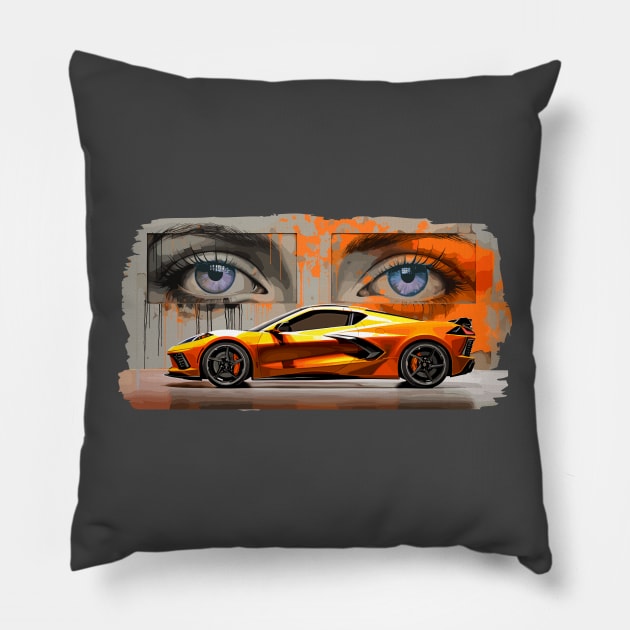 Amplify Orange C8 Corvette Stingray Sebring Orange Supercar in front of a wall of graffiti with blue eyes looking back at you Sports car American Muscle car race car Pillow by Tees 4 Thee