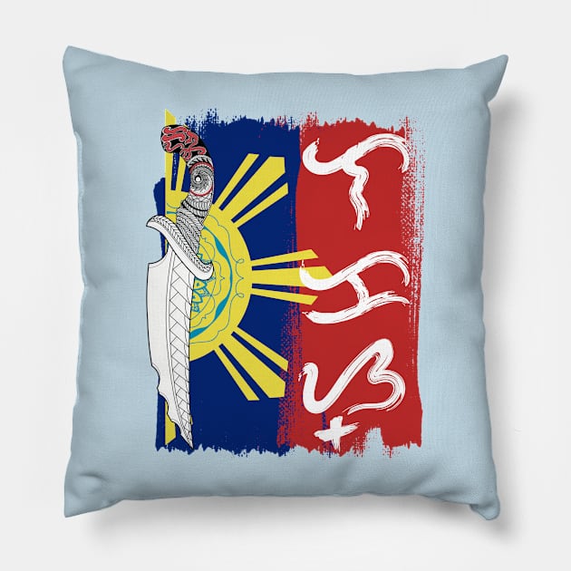 Philippine Flag / Tribal line Art Knife / Baybayin word Lakas (Strength) Pillow by Pirma Pinas