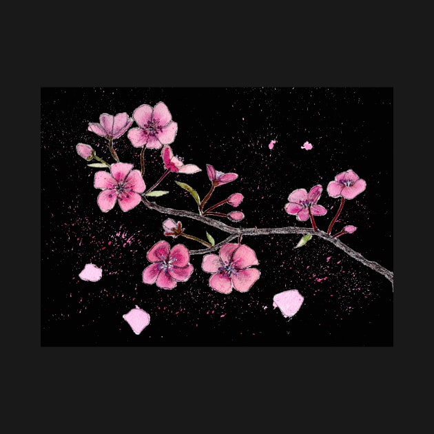 Cherry Blossoms in Watercolor and Pencil with a black background by Sandraartist