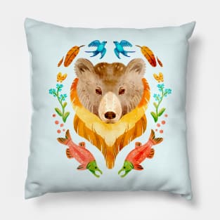 Pretty Grizzly Bear and Salmon Gouache Pillow