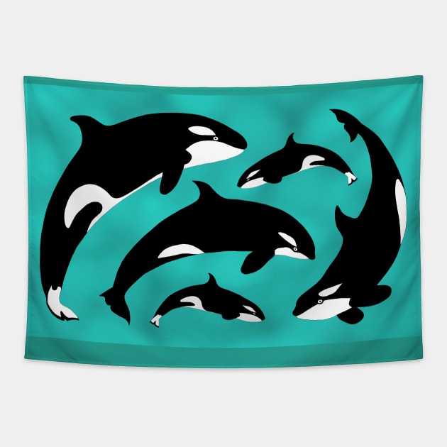 Orca pod - blue background Tapestry by lorendowding
