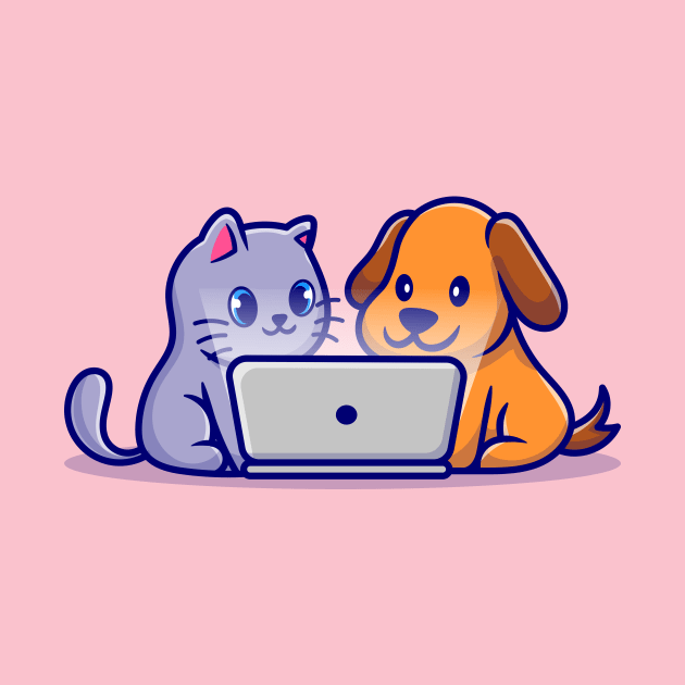 Cute Dog And Cute Cat Watching Together On Laptop Cartoon by Catalyst Labs