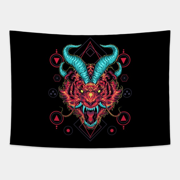 Tiger with horns Sacred Geometry Tapestry by Marciano Graphic