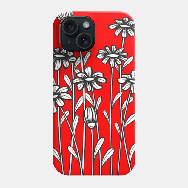 Black and white daisy flower doodle illustration in red background Phone Case by Wahyuwm48