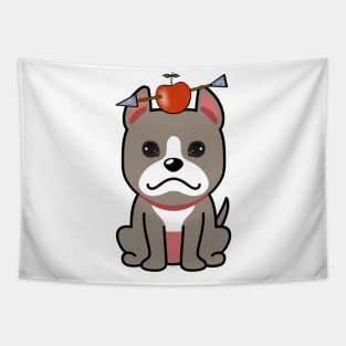 Cute grey dog has an apple and arrow on head Tapestry