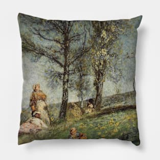 A Young Family Under Trees On A Hill by Adolphe Monticelli Pillow