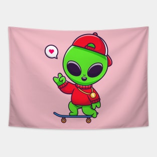 Cool Alien Playing Skateboard Cartoon Tapestry