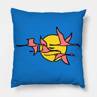 Pink Flamingos Fly, with the sun set behind them. Pillow