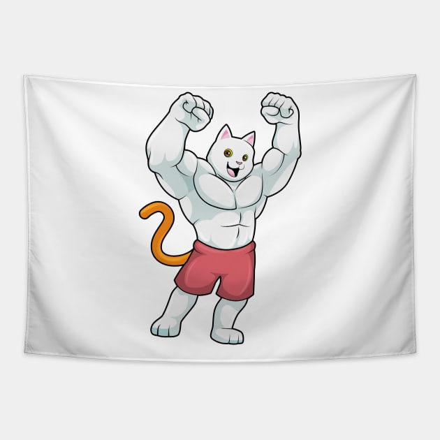 Cat as Bodybuilder with big Muscles Tapestry by Markus Schnabel