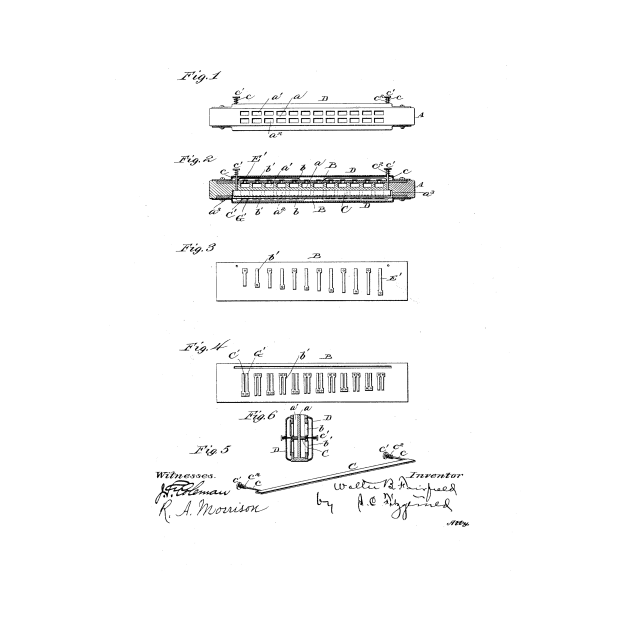 Harmonica Vintage Patent Hand Drawing by TheYoungDesigns