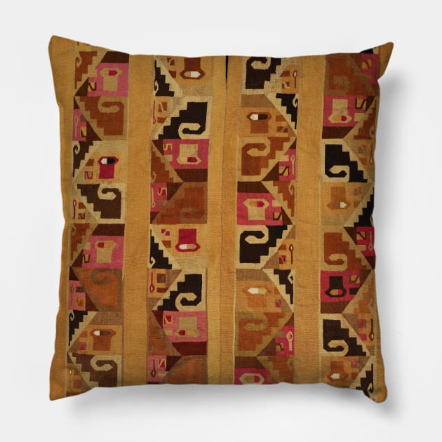 ANTIQUE ANDEAN WARI TUNIC FROM PERU Pink Brown Salmon Geometric Motifs Pillow by BulganLumini