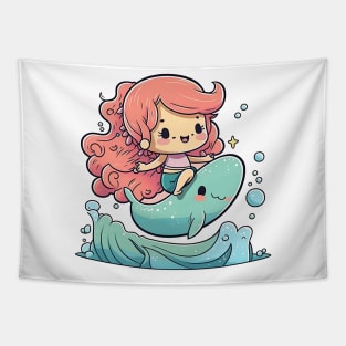 Cute kawaii mermaid girl riding a whale above the wave Tapestry