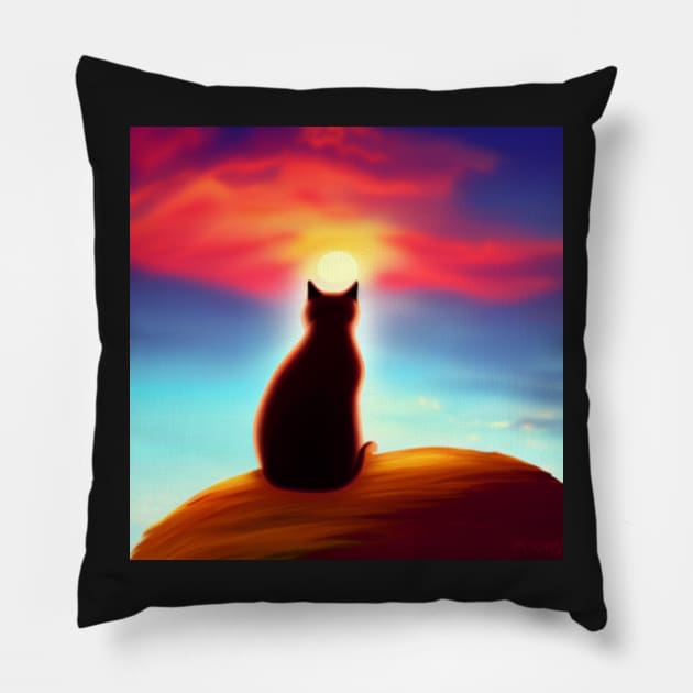 Cat Looking At Sunset Pillow by Shadowbyte91