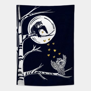 Hugs from Afar Owls Linocut Tapestry