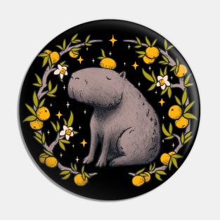 Cottagecore Aesthetic Capybara Chilling With Orange on Head | Goblincore Capy Yuzu Citrus Fruit Blossom Flowers Meditating - Dreamcore Fairytale Mycology Fungi Shrooms Forager Foraging Pet Mat Bandata Pin