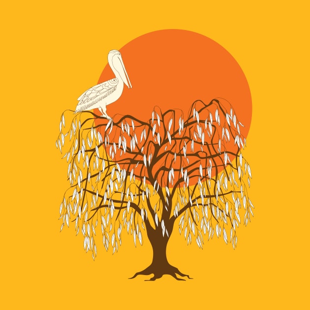 pelican on the willow tree in the sunset by Alina