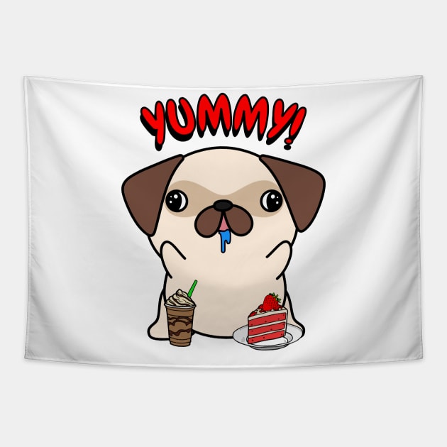 Cute Pug is having coffee and cake Tapestry by Pet Station
