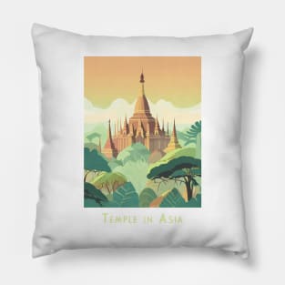 Vintage Retro minimal Serene Asian Temple Landscape Pillow