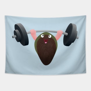 Funny mussel lifting weights cartoon illustration Tapestry