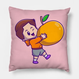 Cute Boy Holding Orange Cartoon Pillow