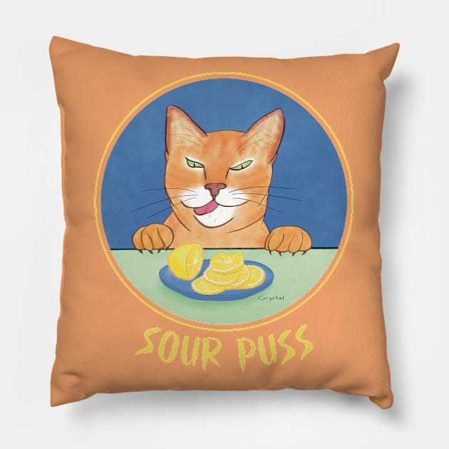 Sour Puss – Funny illustration of a cat’s reaction to tasting a lemon Pillow by Crystal Raymond