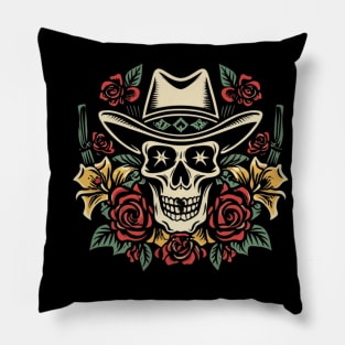 American Traditional Cowboy Skeleton Floral tattoo Pillow