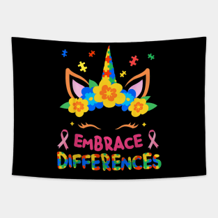 Embrace Differences Unicorn Face Autism Awareness Tapestry