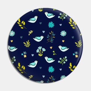 Floral pattern with birds in dark blue background Pin