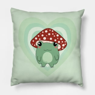 Mushroom Hat Kawaii Frog on Light Green Hearts Pillow