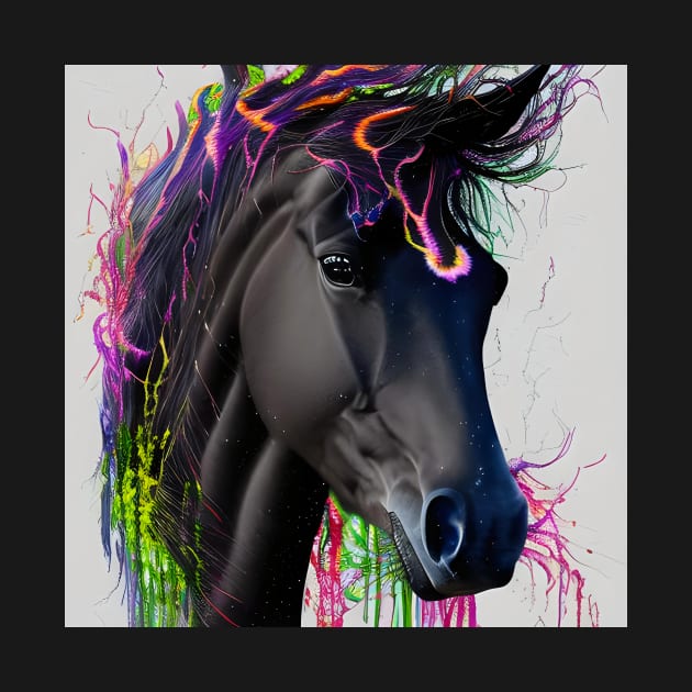 Black horse head with flowing mane with watercolor elements by Hujer