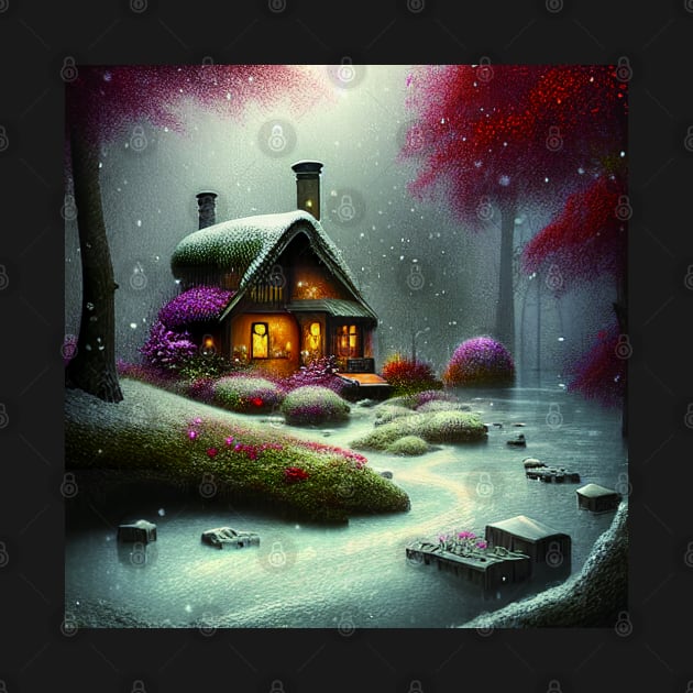 Sparkling Fantasy Cottage with Lights and Glitter Background in Snowy Scene, Scenery Nature by Promen Art