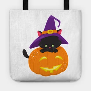 Halloween Cat, Black Cat, Witch Hat, Pumpkin Tote