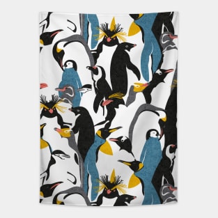 We love penguins // black white grey dark teal yellow and coral type species of penguins (King, African, Emperor, Gentoo, Galápagos, Macaroni, Adèlie, Rockhopper, Yellow-eyed, Chinstrap) Tapestry