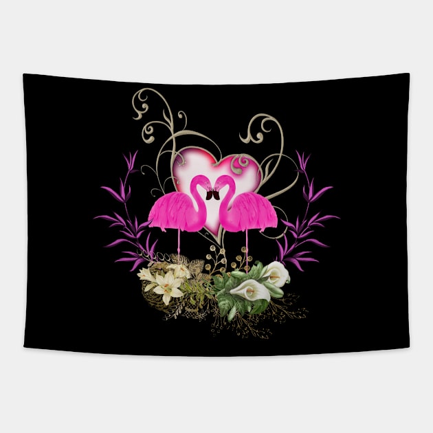 Flamingo in love, heart and flowers Tapestry by Nicky2342