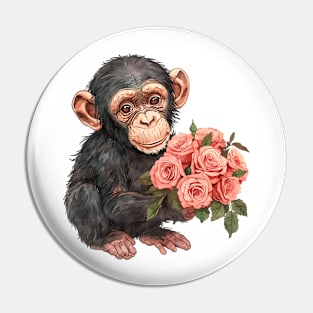 Valentine Chimpanzee Giving Flowers Pin