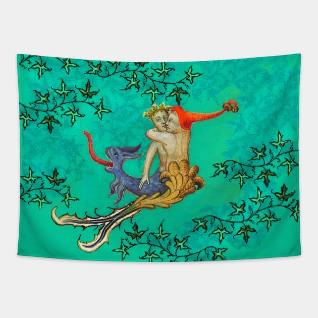 LOVE IN THE BLUE ABYSS Mermaid Fall in Love with a Triton Half Sea Dragon Tapestry by BulganLumini