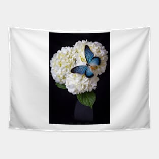 Large Blue Exotic Butterfly On White Hydrangea Tapestry