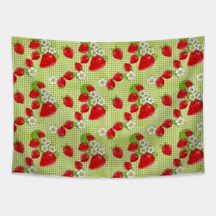 Nina's Strawberry Patch on Green Plaid Design Collection Tapestry