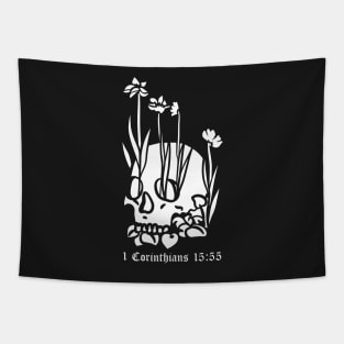 Skull with flowers 1 Corinthians 15:55 Tapestry